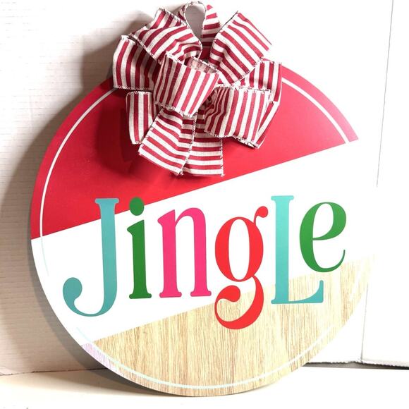 Red And White Jingle Holiday Floral Bow Wooden Door Hanger Christmas Home Decor - Picture 1 of 4